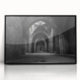 Large abstract wall art featuring mid-century modernist arch designs in black and white, acrylic print framed in black.