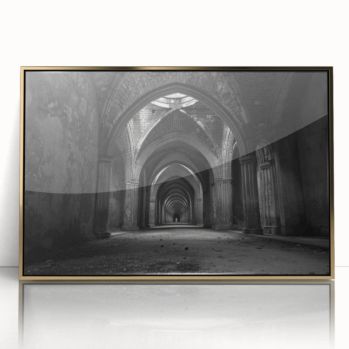 Mid-century modernist art featuring architectural arches in gold tones on a framed acrylic print.