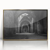Mid-century modernist art featuring architectural arches in gold tones on a framed acrylic print.