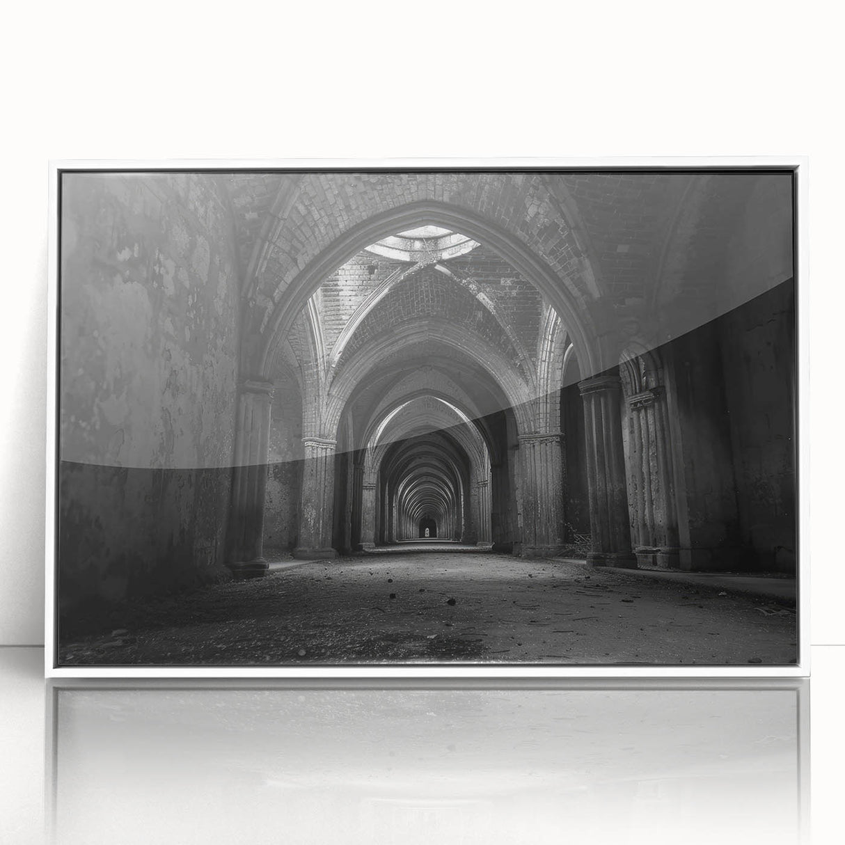 Mid-century modernist arches in soft gray tones on a large framed acrylic print, suitable for modern nursery decor.