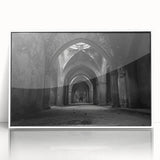 Mid-century modernist arches in soft gray tones on a large framed acrylic print, suitable for modern nursery decor.
