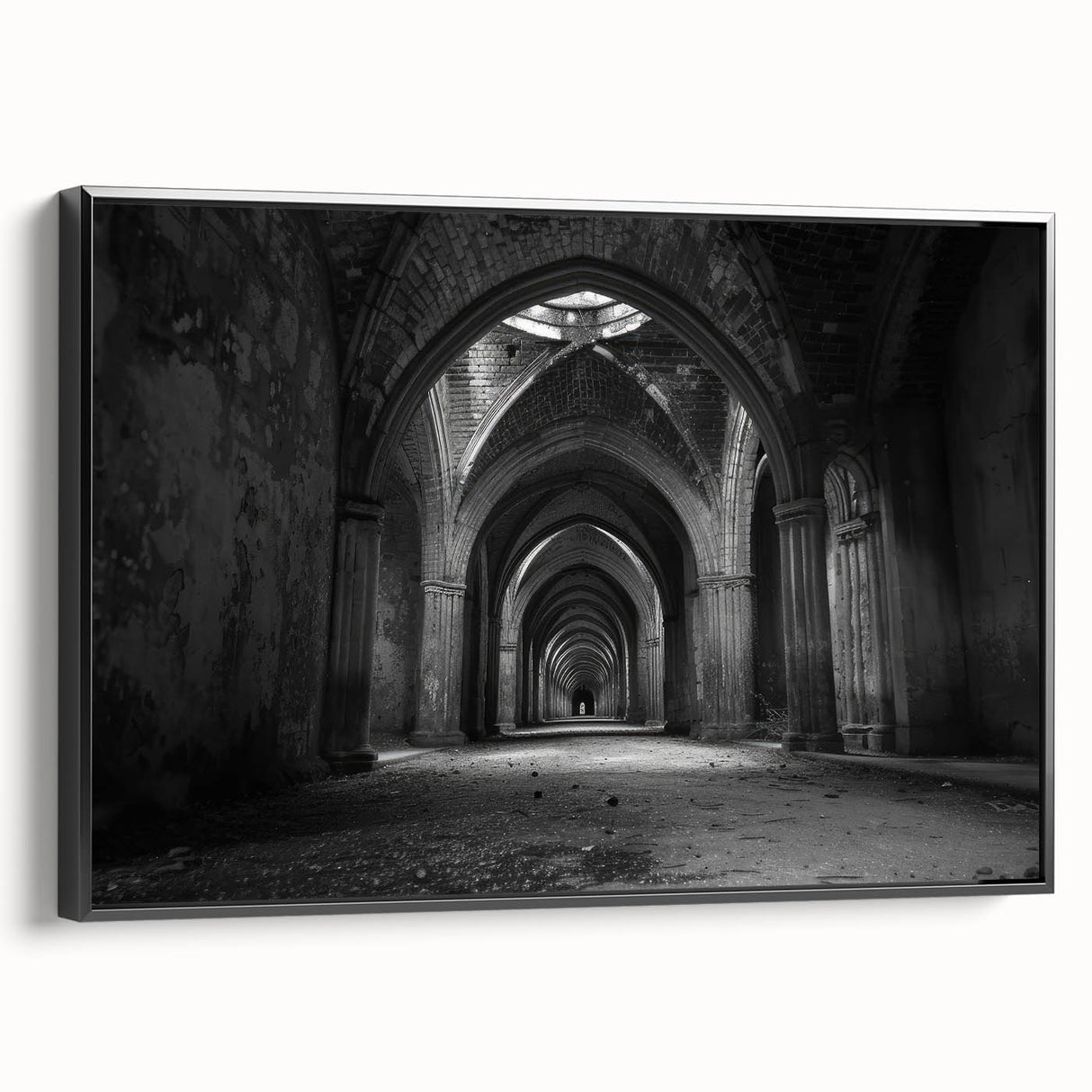 Black and white framed canvas of vintage-style arches in landscape format, ideal for bedroom wall decor.