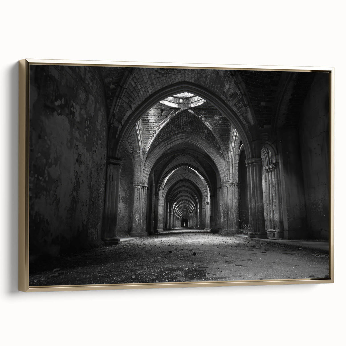 Framed canvas featuring vintage poster art of architectural arches in black, ideal for bedroom wall decor.