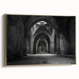 Framed canvas featuring vintage poster art of architectural arches in black, ideal for bedroom wall decor.