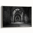 Landscape art painting of arches in muted blacks and grays on a framed canvas, suitable for office decor.