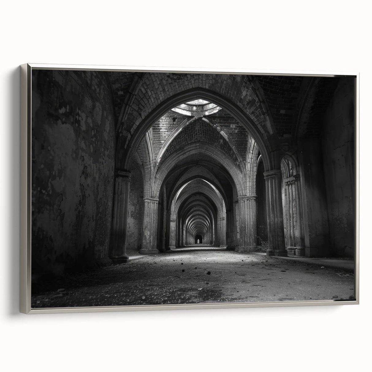 Landscape art painting of arches in muted blacks and grays on a framed canvas, suitable for office decor.