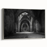 Landscape art painting of arches in muted blacks and grays on a framed canvas, suitable for office decor.