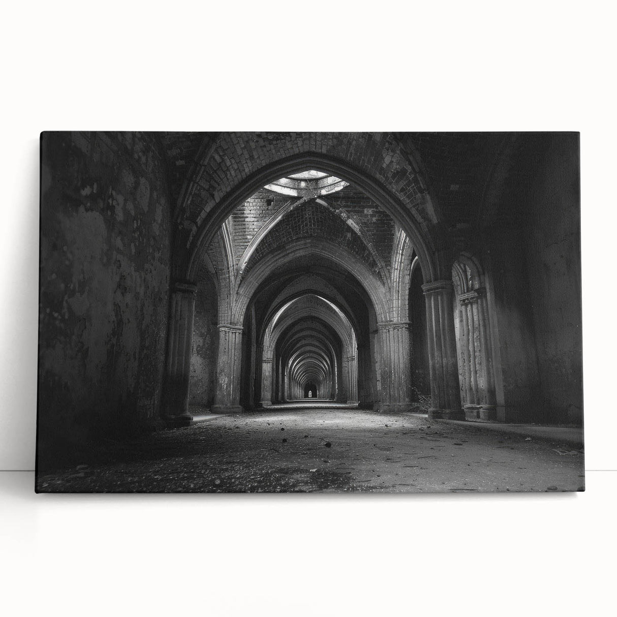 Black and white photo of architectural arches on large stretched canvas, ideal for kitchen wall art.