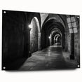 Acrylic print of large abstract wall art featuring architectural arches in muted gray tones.