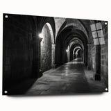 Acrylic print of large abstract wall art featuring architectural arches in muted gray tones.