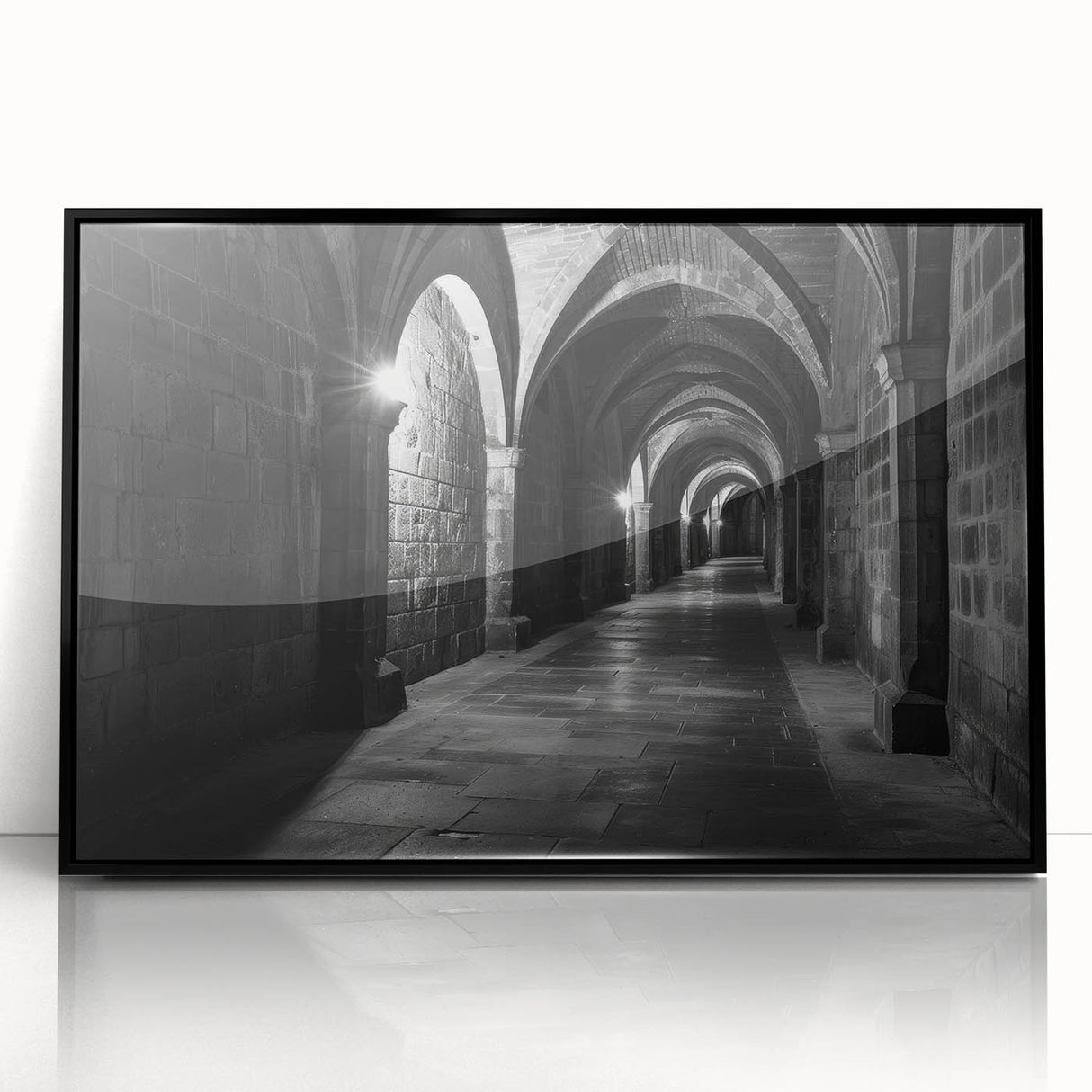 Large abstract wall art featuring bold geometric arches in black and white, framed acrylic.