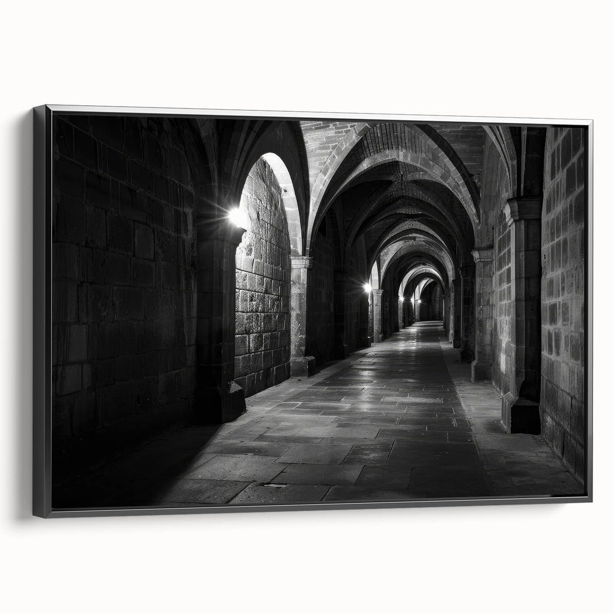 Black and white framed canvas featuring vintage poster art of architectural arches, ideal for bedroom wall decor.