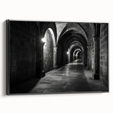Black and white framed canvas featuring vintage poster art of architectural arches, ideal for bedroom wall decor.