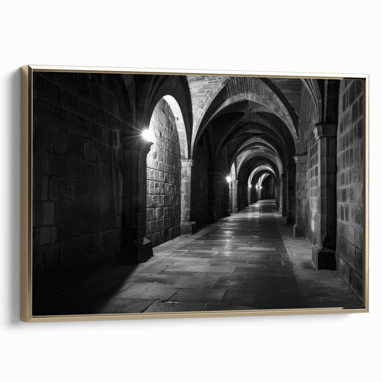 Vintage poster art featuring colorful arches in gold frame, ideal for living room decor.