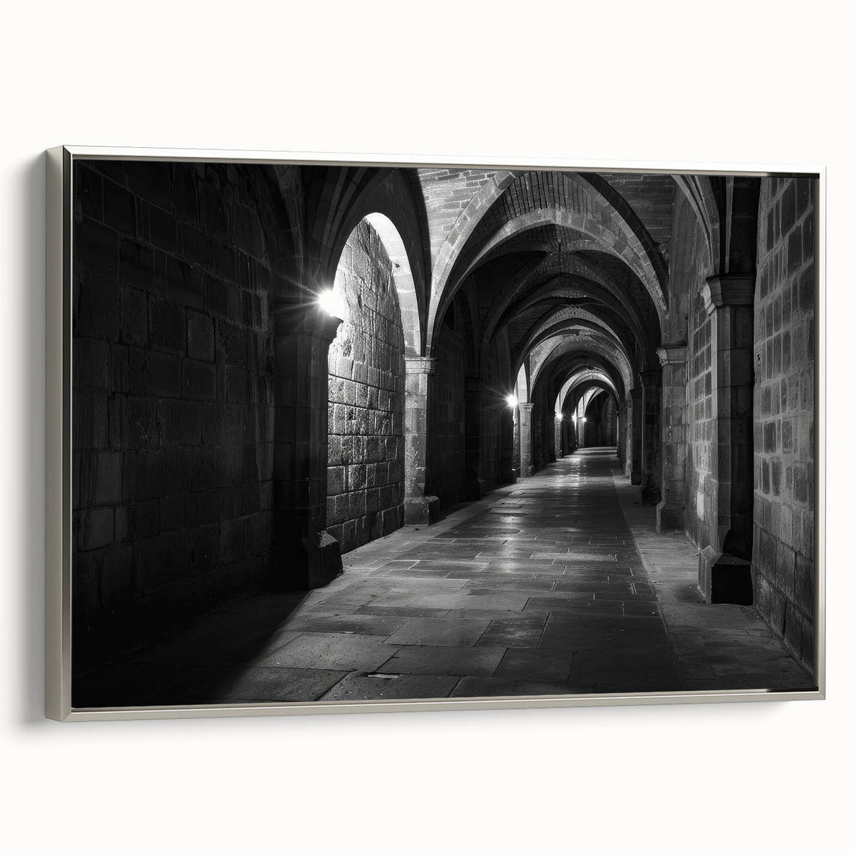 Vintage poster art of architectural arches in black and white, framed canvas, ideal for bedroom wall decor.