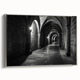 Vintage poster art of architectural arches in black and white, framed canvas, ideal for bedroom wall decor.