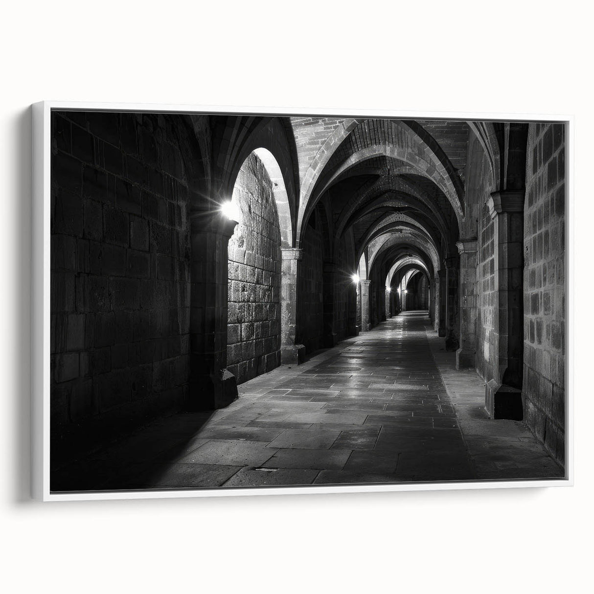 Framed canvas of a vintage poster featuring a black and colorful architectural landscape, ideal for office decor.