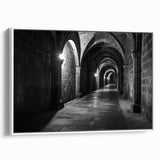 Framed canvas of a vintage poster featuring a black and colorful architectural landscape, ideal for office decor.