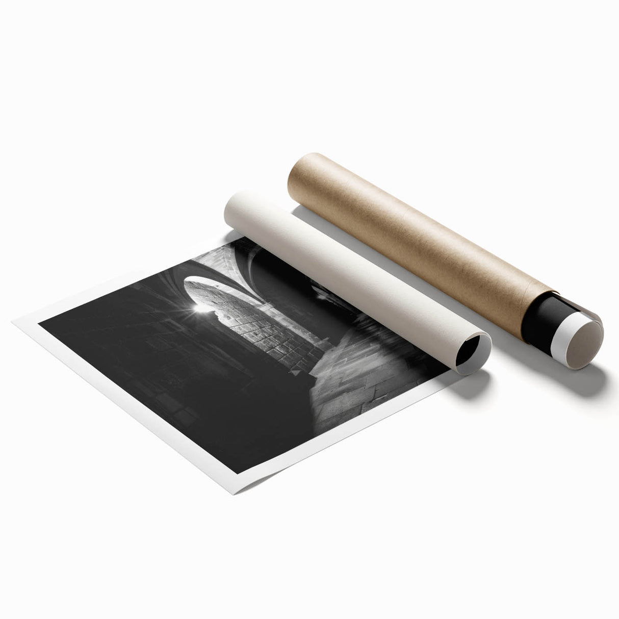 Extra large rolled print of an architectural arch design in monochrome, ideal for classy bathroom wall art.