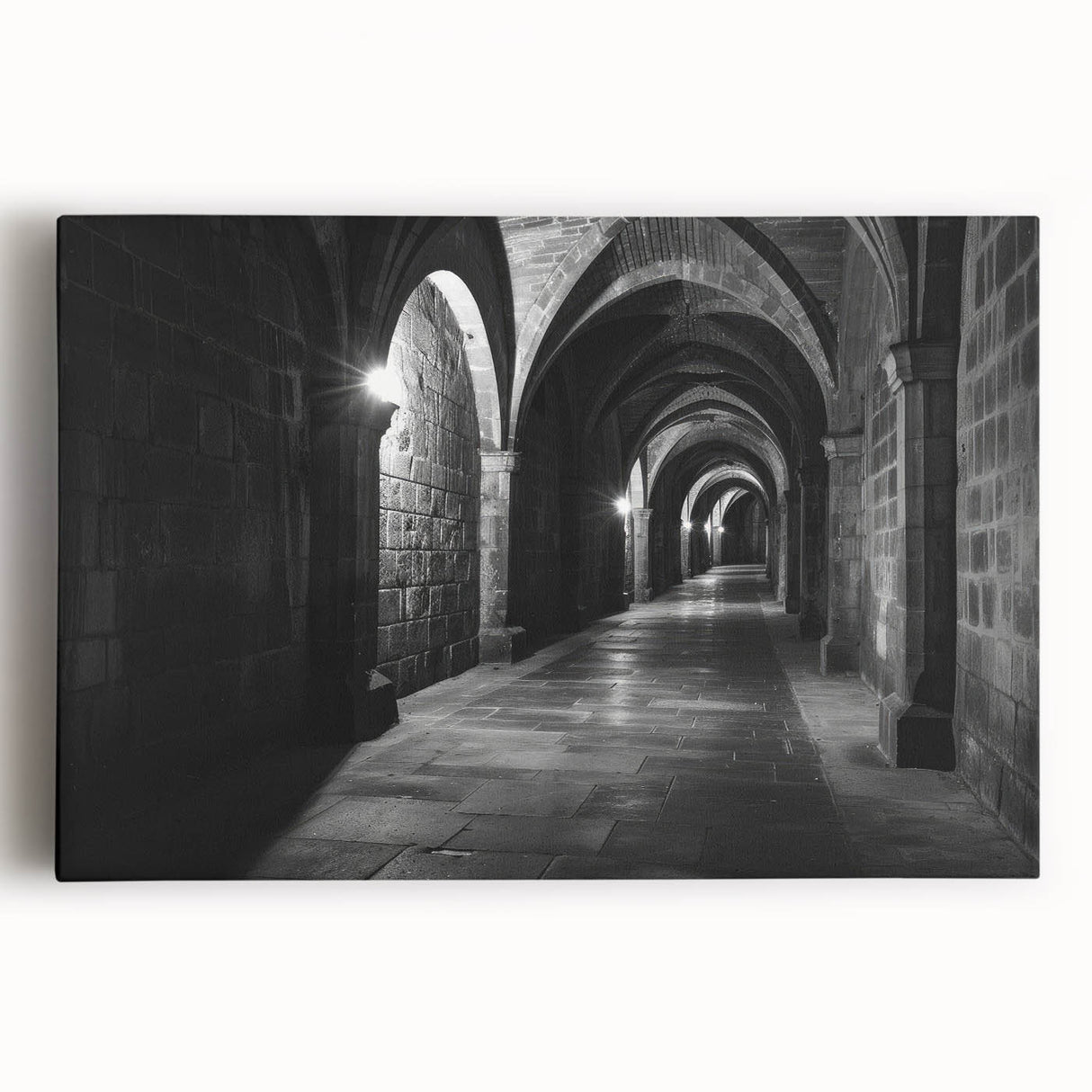 Black and white photo of architectural arches on stretched canvas, ideal for kitchen wall art or bedroom decor.