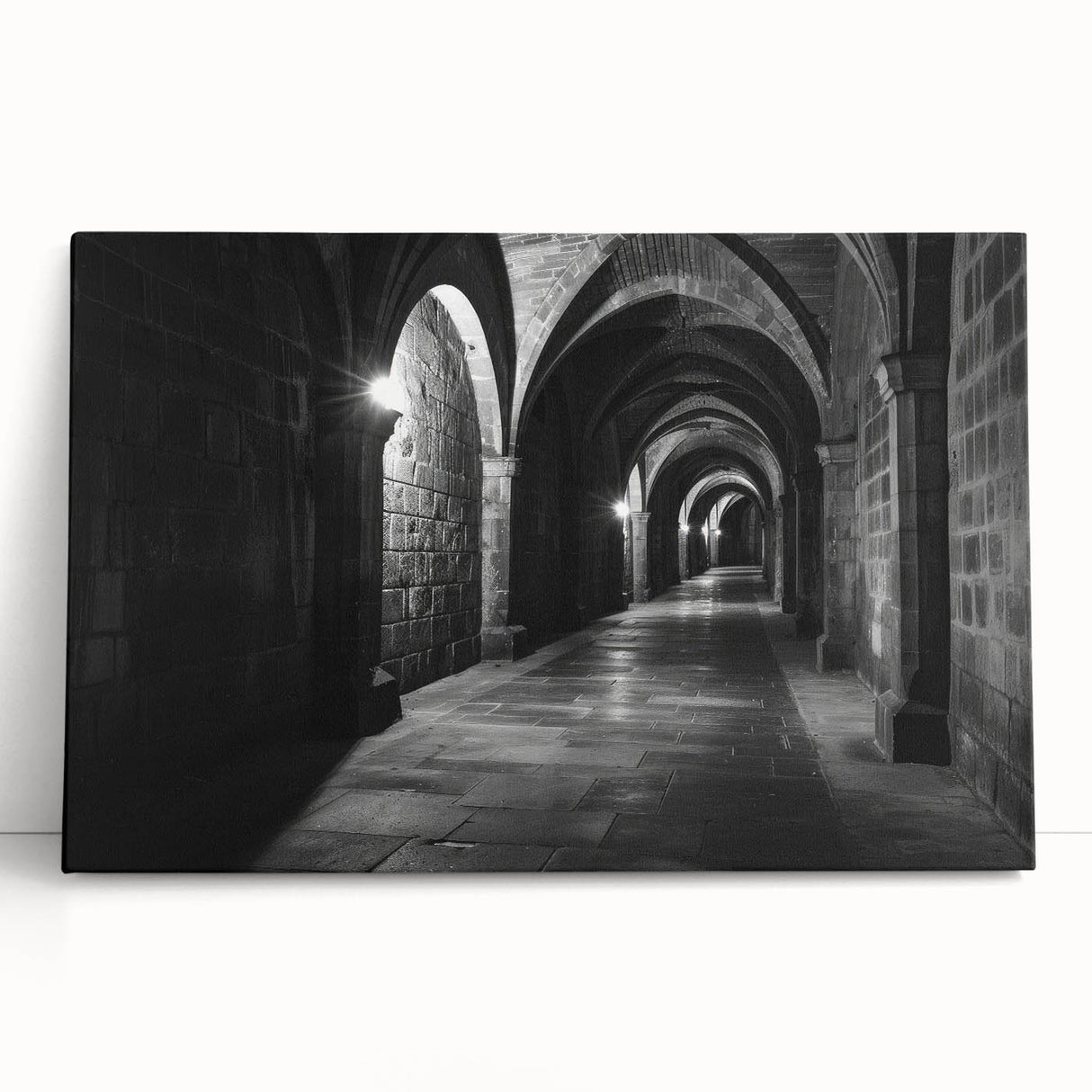 Black and white photo of architectural arches on stretched canvas, suitable for kitchen wall art.