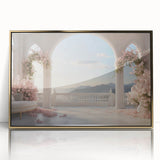 Mid-century modernist art featuring geometric arches in gold and black, acrylic print framed, suitable for nursery wall art.