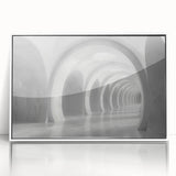 Mid-century modernist arch design in muted beige and white tones on a framed acrylic, suitable for nursery wall art.