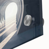 Large abstract wall art featuring mid-century modernist arches in muted earth tones on acrylic glass.