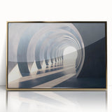 Mid-century modernist arch design in gold and white tones on a framed acrylic, ideal for nursery wall art.