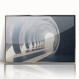 Art deco poster of geometric arches in muted silver tones, framed acrylic, ideal for modern nursery wall art.