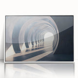 Large art print of arches in mid-century modernist style, neutral palette, framed in white acrylic.