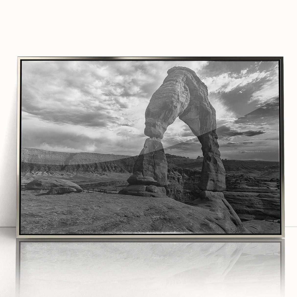 Large art print of mid-century modernist arches in neutral tones, framed in silver acrylic, suitable for modern decor.