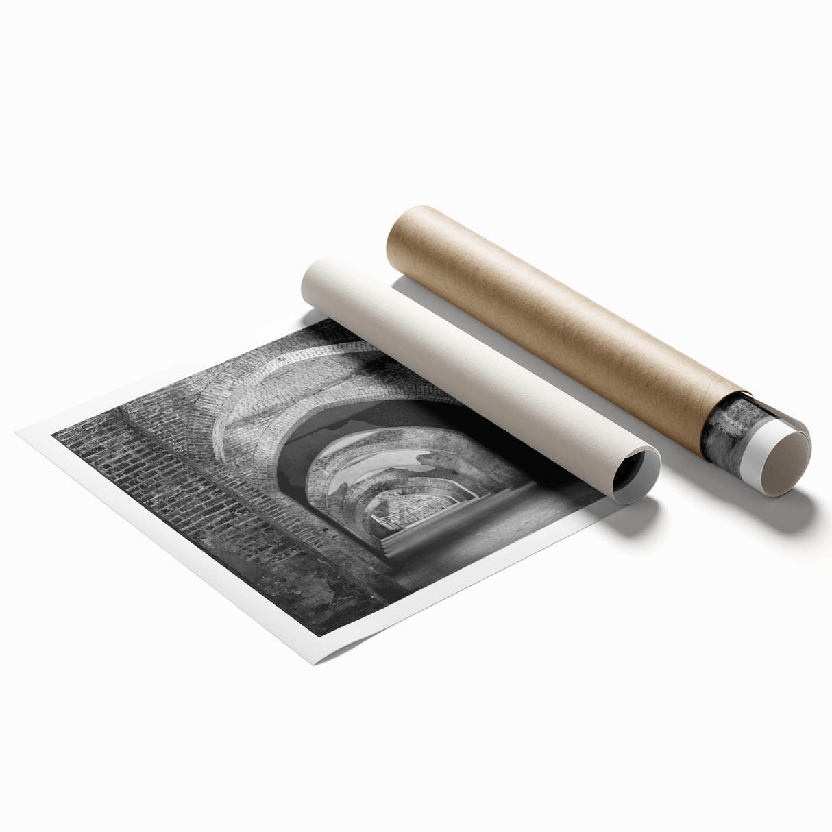 Extra large rolled print featuring a series of arches in muted earth tones, ideal for classy bathroom wall art.