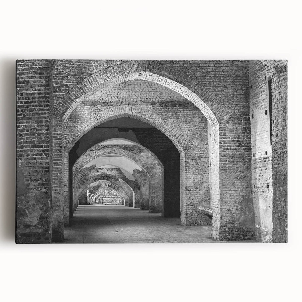 Black and white photo of architectural arches on stretched canvas, suitable as large kitchen or bedroom wall art.