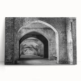 Black and white photo of architectural arches printed on large stretched canvas, suitable for kitchen wall art.