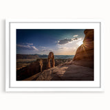 Extra large abstract art print featuring textured arches in neutral tones, framed in white, ideal for living room decor.