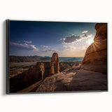 Landscape art painting featuring colorful arches on a black framed canvas, suitable for living room decor.