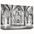 Large abstract wall art of architectural arches in muted beige and white on acrylic glass.
