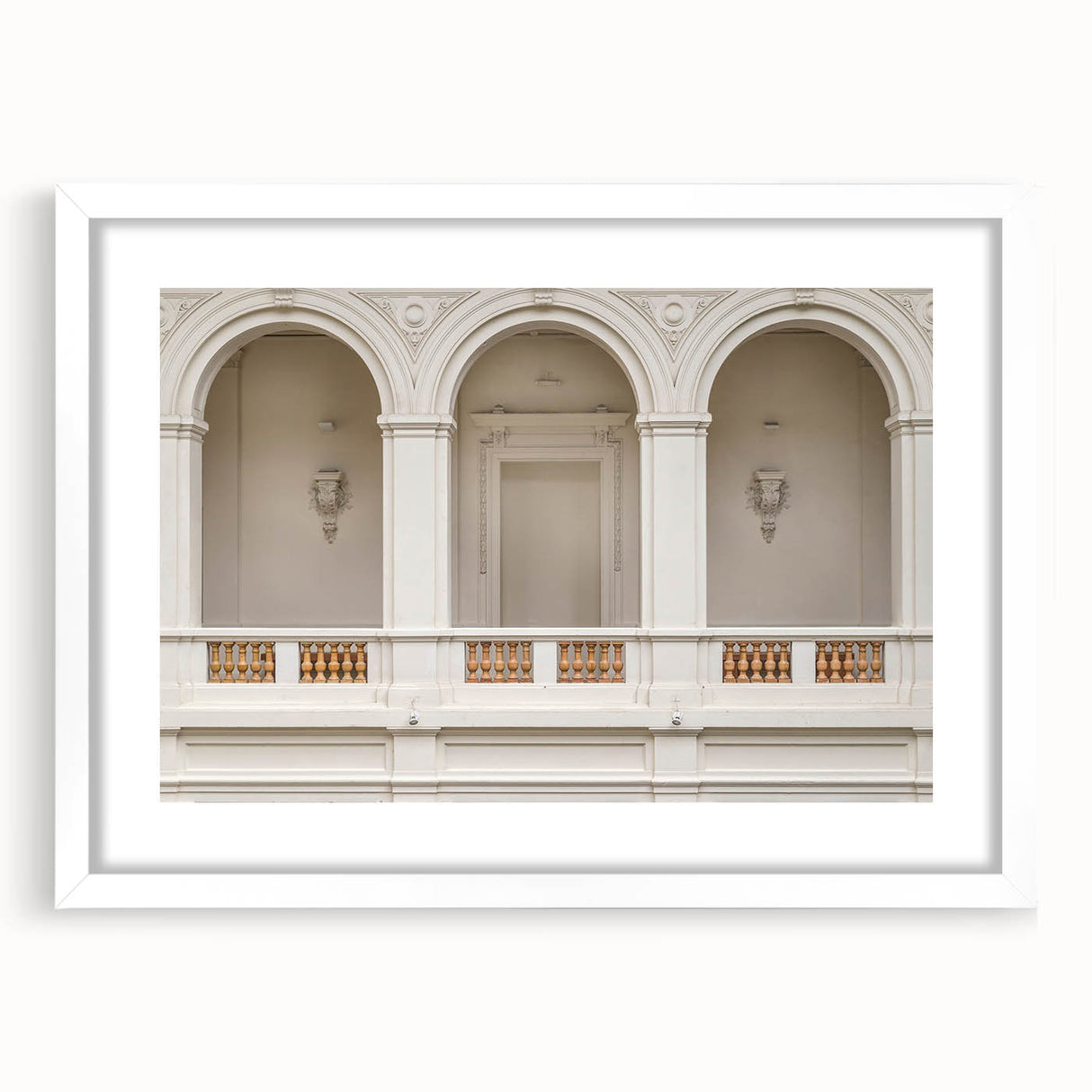 Extra large white-framed abstract art print with textured arch designs in neutral tones, ideal for living room decor.