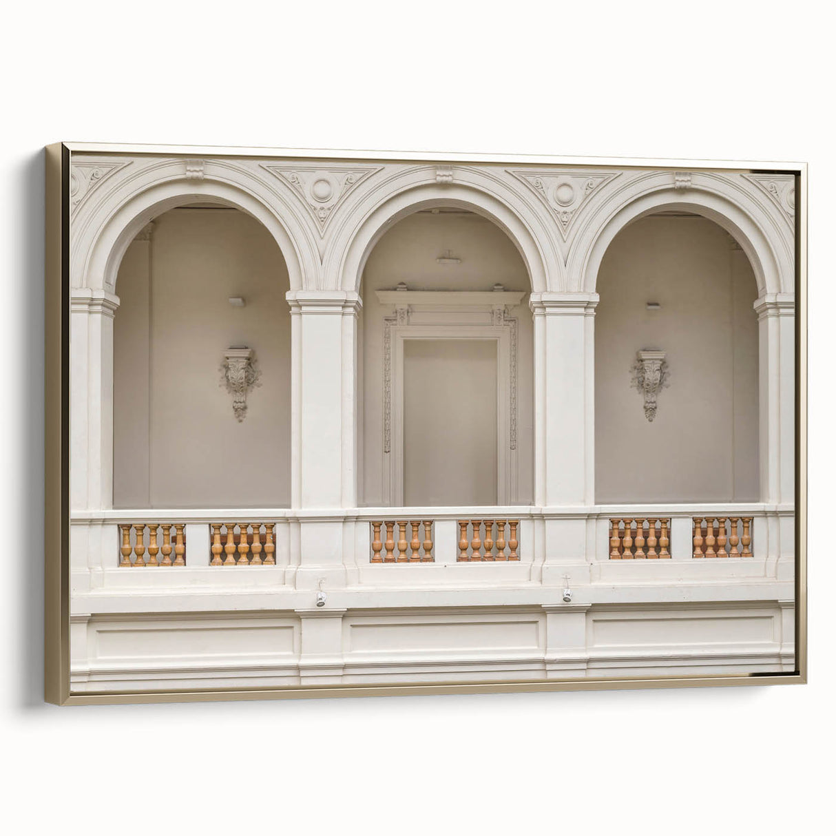 Framed canvas depicting a landscape with colorful arches in a vintage poster art style.