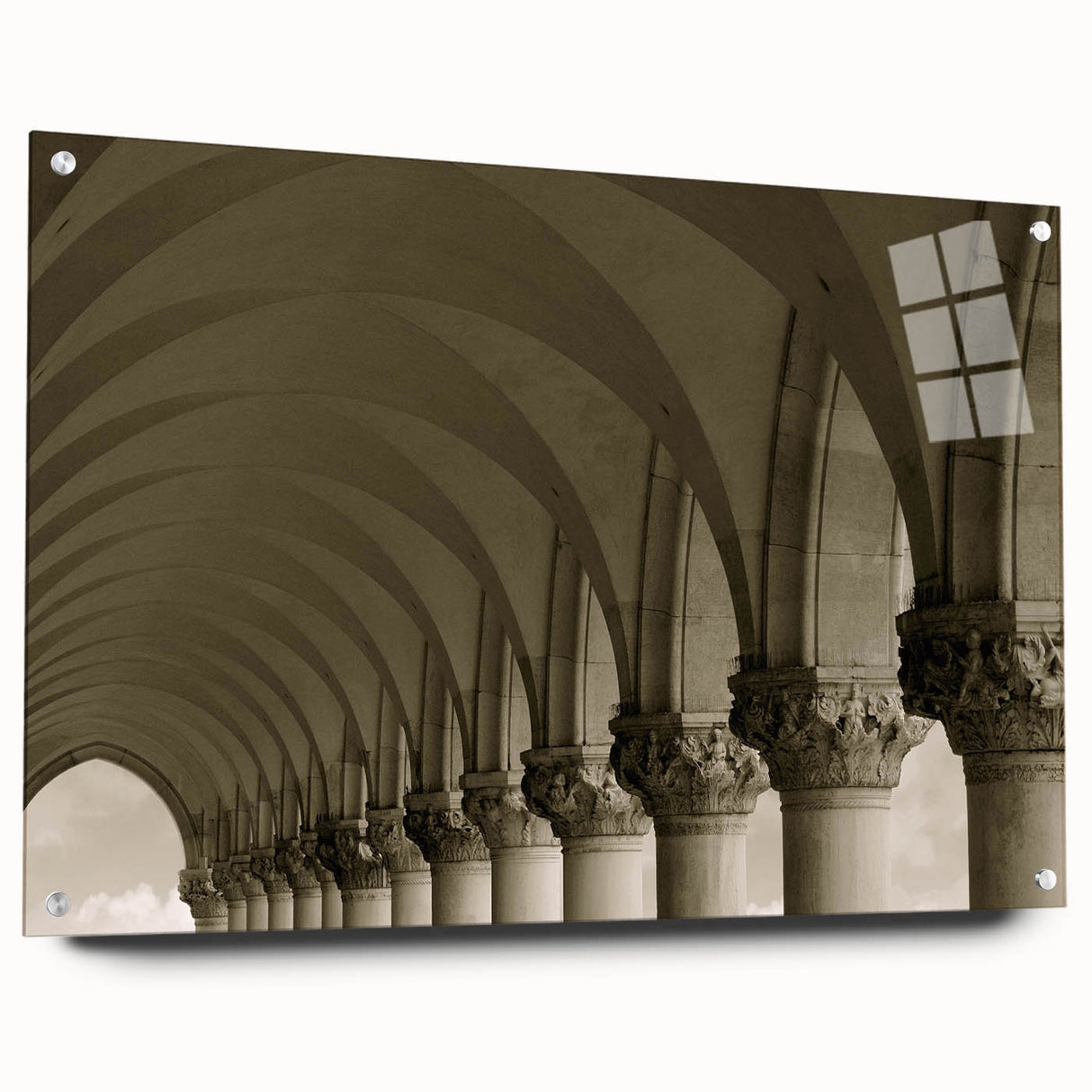 Large abstract wall art on acrylic glass featuring arches in grayscale, ideal for bedroom or dining room ambiance.