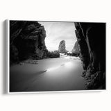 Framed canvas of a vintage landscape painting featuring colorful arches against a black background.