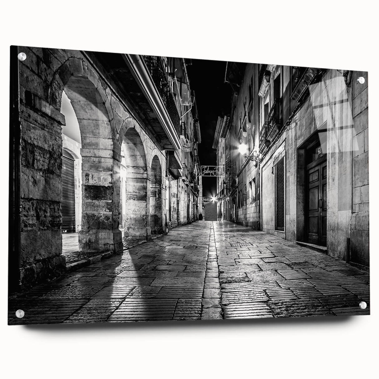 Large abstract wall art featuring arched architectural designs in muted beige on acrylic glass.
