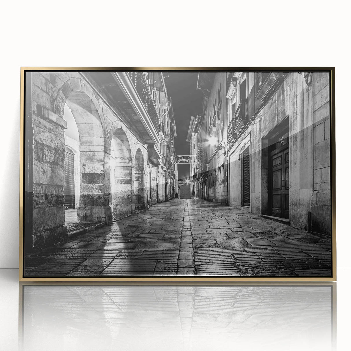 Mid-century modernist art depicting arches in gold and black tones on a framed acrylic, suitable for nursery wall decor.