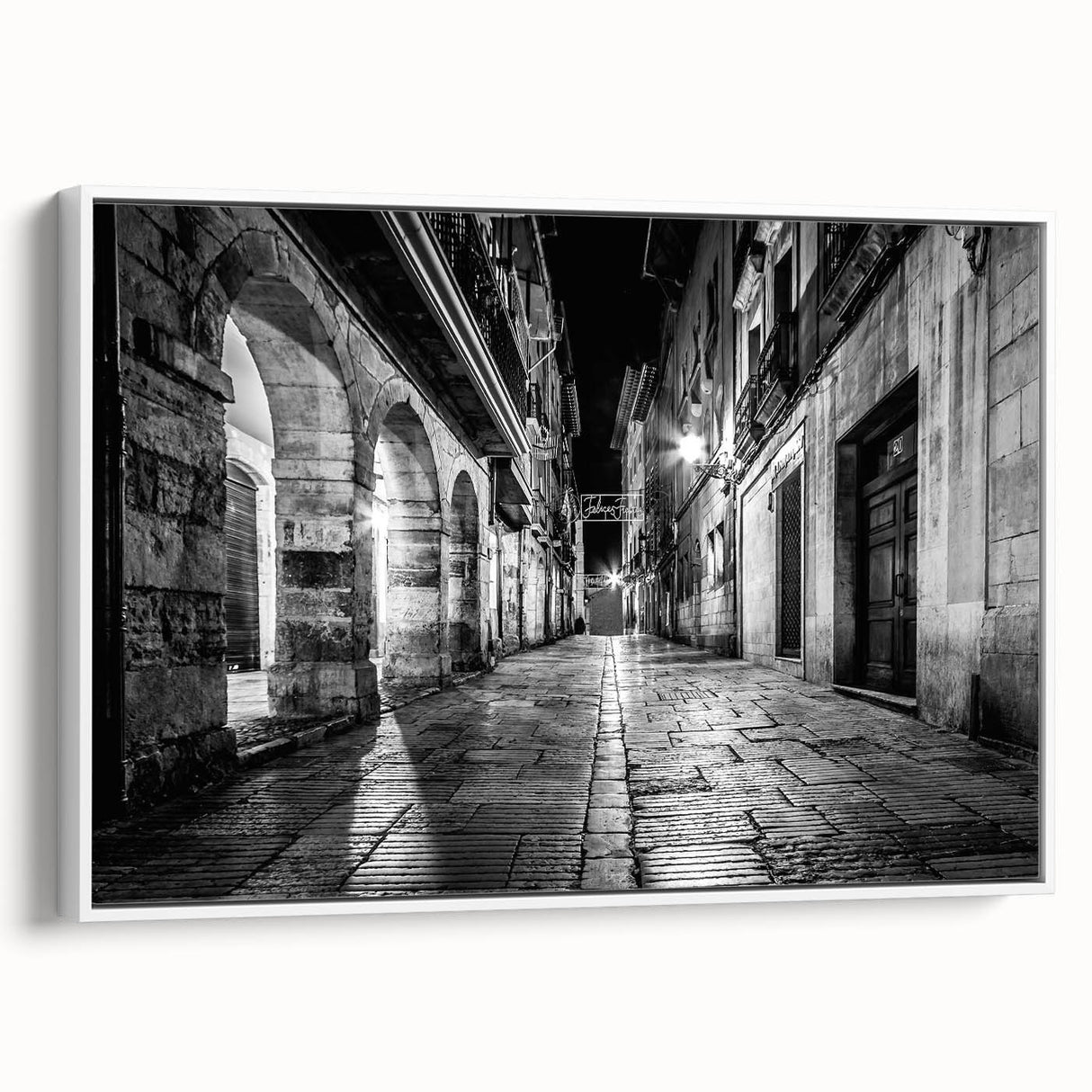 Vintage poster art featuring colorful arches on a black background, framed canvas, ideal for living room decor.