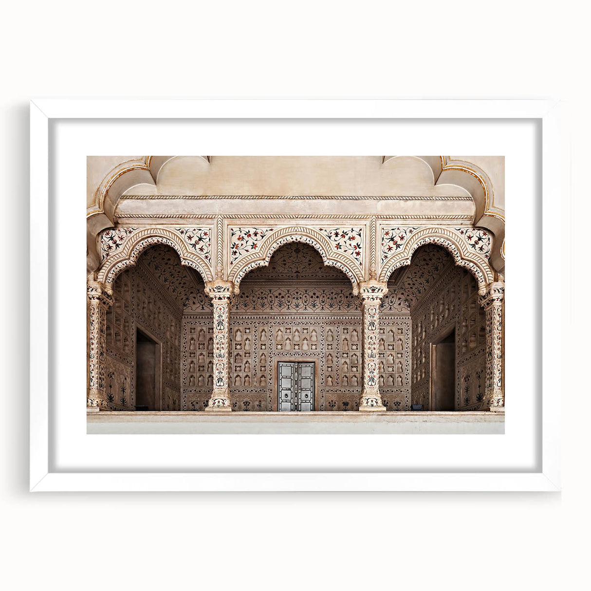 Extra large abstract art print featuring textured arch designs in muted gray, framed in white, ideal for living room decor.
