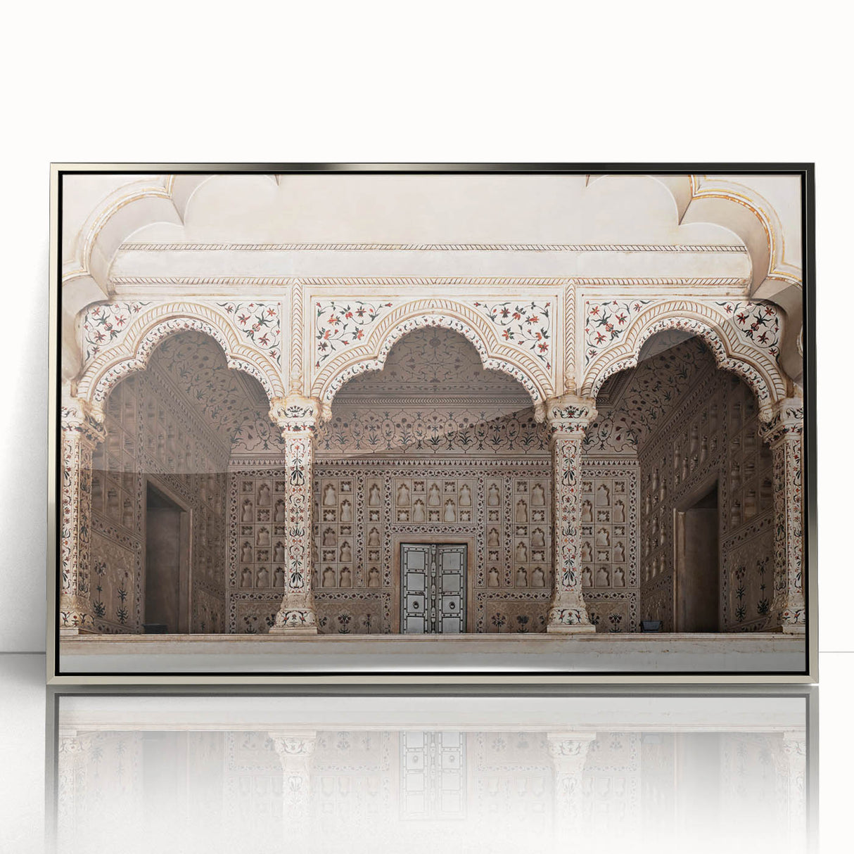 Art deco poster featuring symmetric arch designs in muted silver tones on framed acrylic, suitable for modern art wall decor.