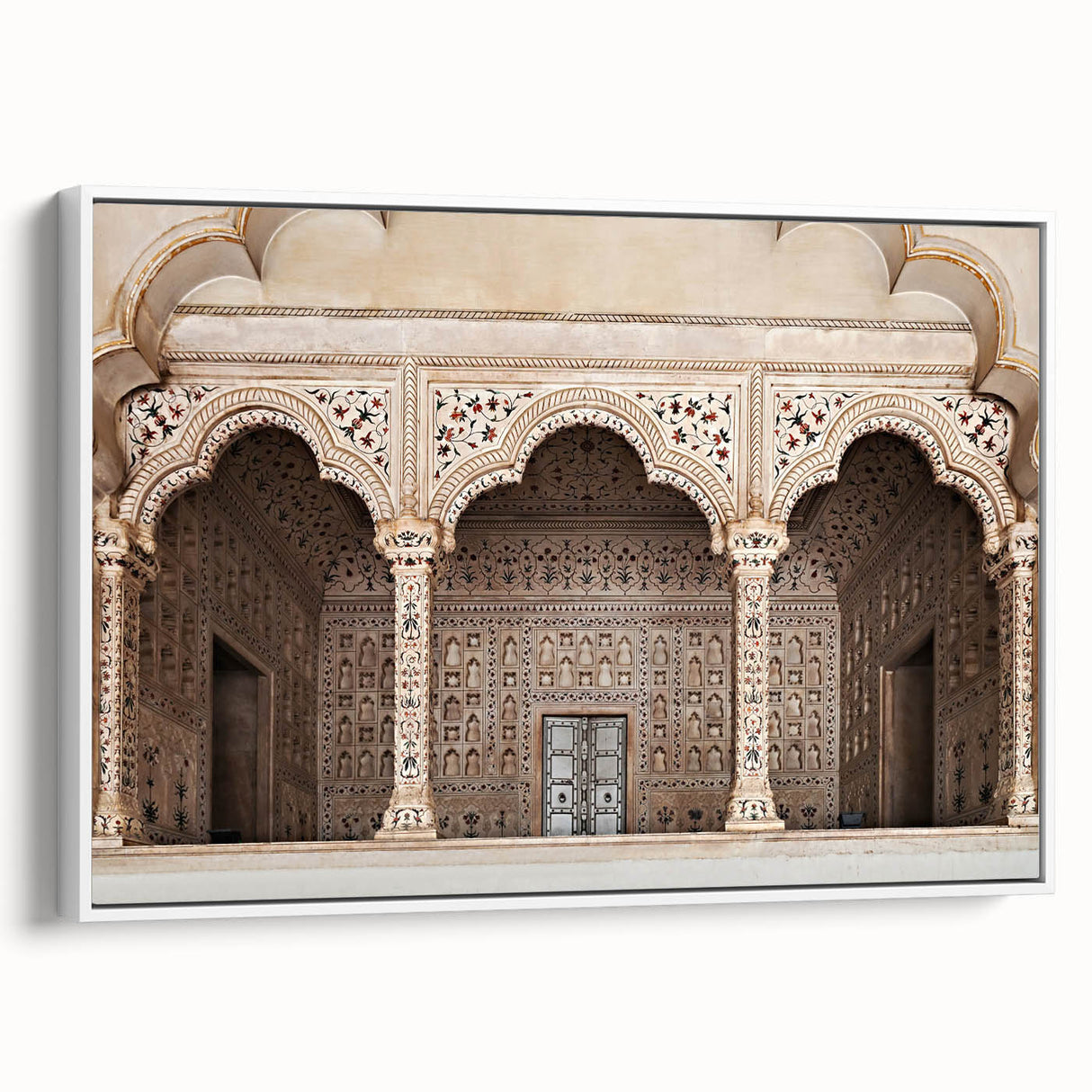 Framed canvas featuring a landscape art painting of colorful arches in a vintage poster style.