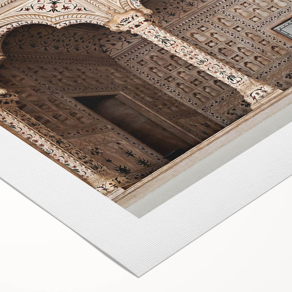 Art deco poster featuring symmetrical arches in muted gold and teal, printed on rolled canvas.