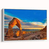 Vintage poster art depicting colorful arches on a large framed canvas, suited for living room decor.